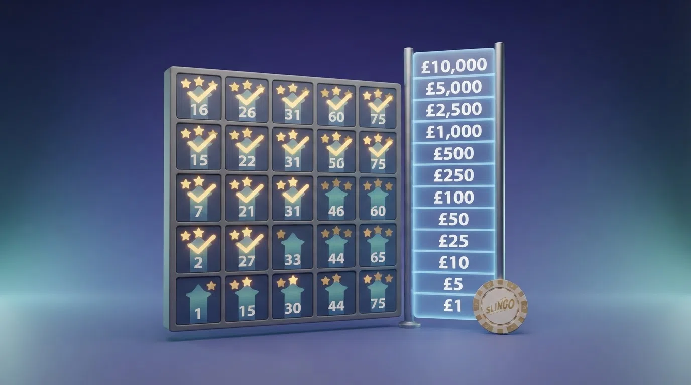 A Slingo game screen showing the pay ladder beside the 5×5 grid, with prize tiers rising from a small payout at one line to the jackpot at a full house