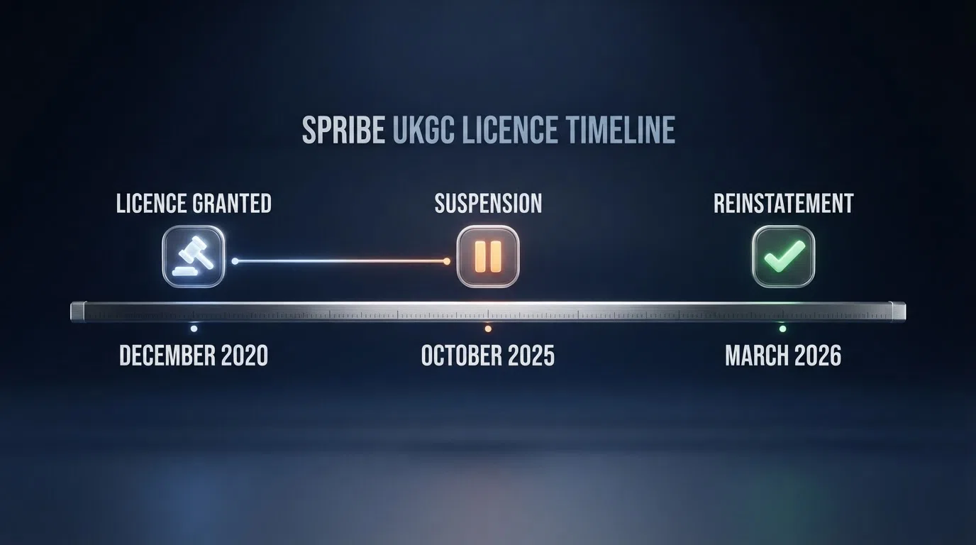 A simplified timeline graphic showing the key dates — Dec 2020 licence grant, Oct 2025 suspension, Mar 2026 reinstatement, with the game-host licence marked as pending