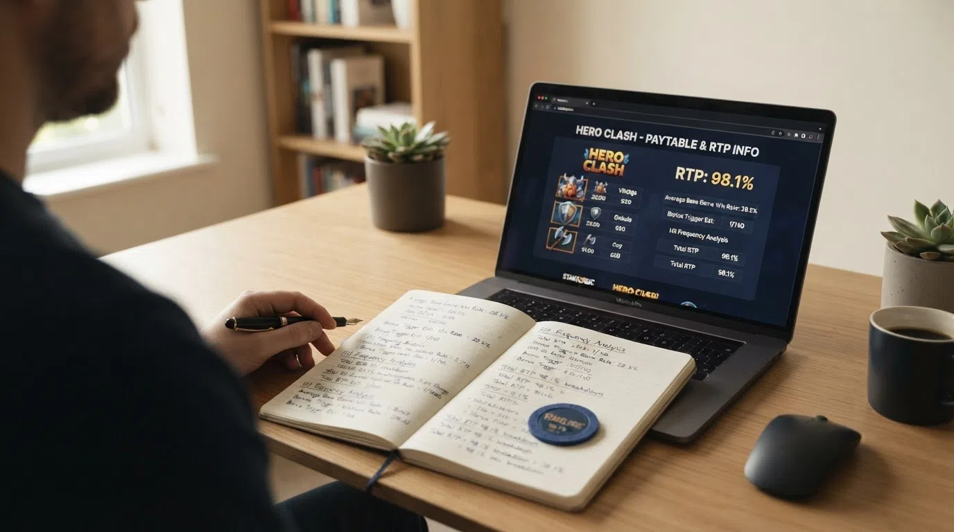 A Stakelogic slot game screen showing the RTP percentage display and paytable, with the Hero Clash title visible