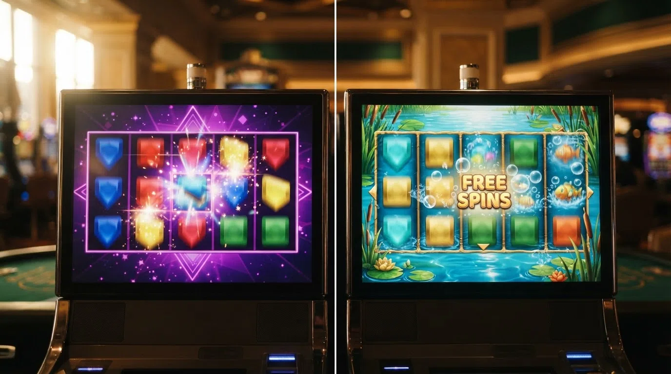 A split-screen of two popular UK slot reels — Starburst's colourful gems on the left, Big Bass Bonanza's fishing theme on the right — mid-spin