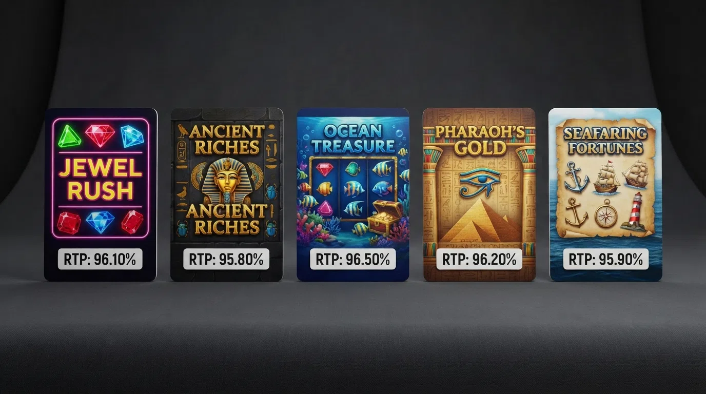 The title cards of Starburst, Book of Dead, Big Bass Bonanza, Eye of Horus and Fishin' Frenzy arranged side by side with their RTP percentages beneath each one