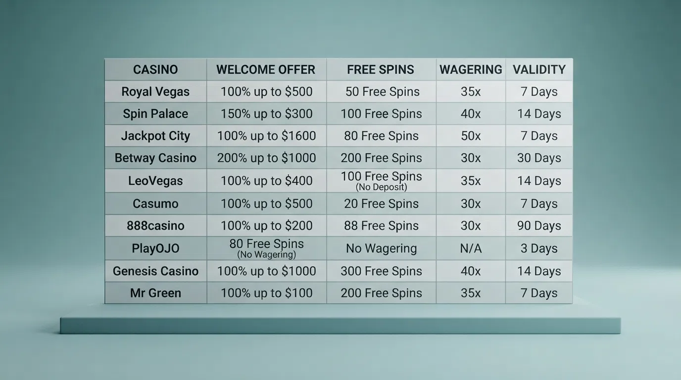 A comparison table listing ten casino names with offer and wagering columns