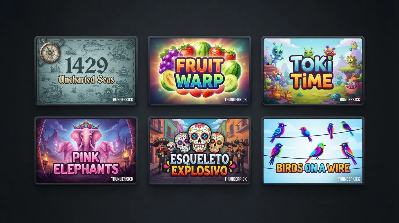 A grid layout of six to eight Thunderkick slot title cards arranged in two rows, showing the variety of themes from Norse mythology to Mexican Day of the Dead