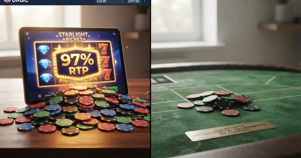 A split-screen digital illustration: on the left, a glowing online slot reel displaying a bold “97% RTP” badge with golden coins spilling from it; on the right, the same coins diminished on a table beside a smaller pile marked “actual return”, with a UK Gambling Commission logo watermarked in the corner