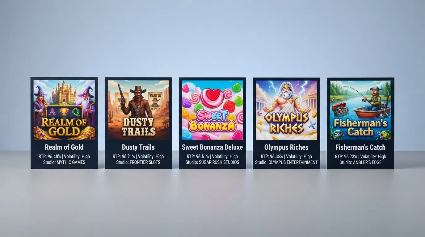 A grid of title cards for five featured bonus buy slots — White Rabbit Megaways, Wanted Dead or a Wild, Sweet Bonanza, Gates of Olympus and Big Bass Bonanza — each showing its RTP and provider logo beneath the title art