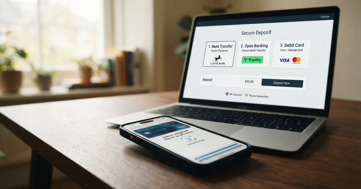 A UK online casino cashier screen showing bank-transfer, Open Banking and debit-card deposit options side by side, with a mobile banking app open in the foreground for biometric authentication
