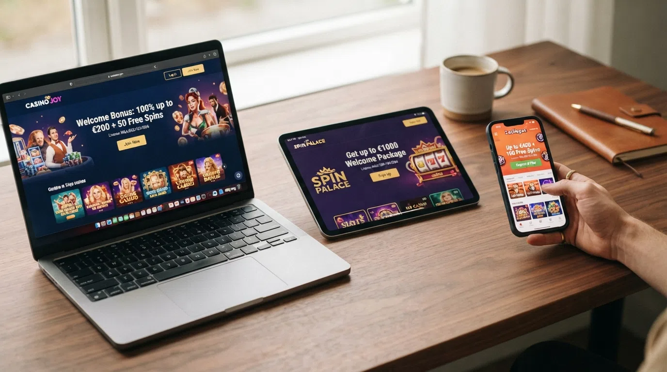 A clean desktop view of several MGA-licensed casino homepages arranged side by side, each showing a welcome-offer banner