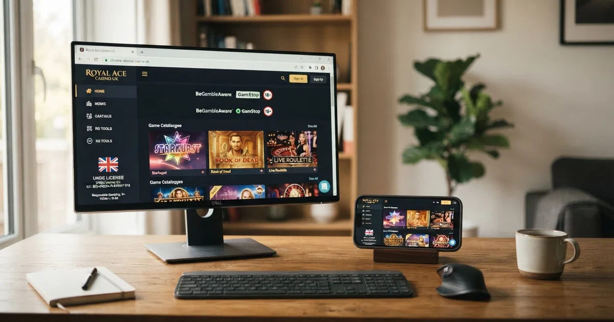 A desktop and mobile screen side by side showing a UKGC-licensed casino lobby with a visible padlock, responsible-gambling tool icons and a game catalogue grid