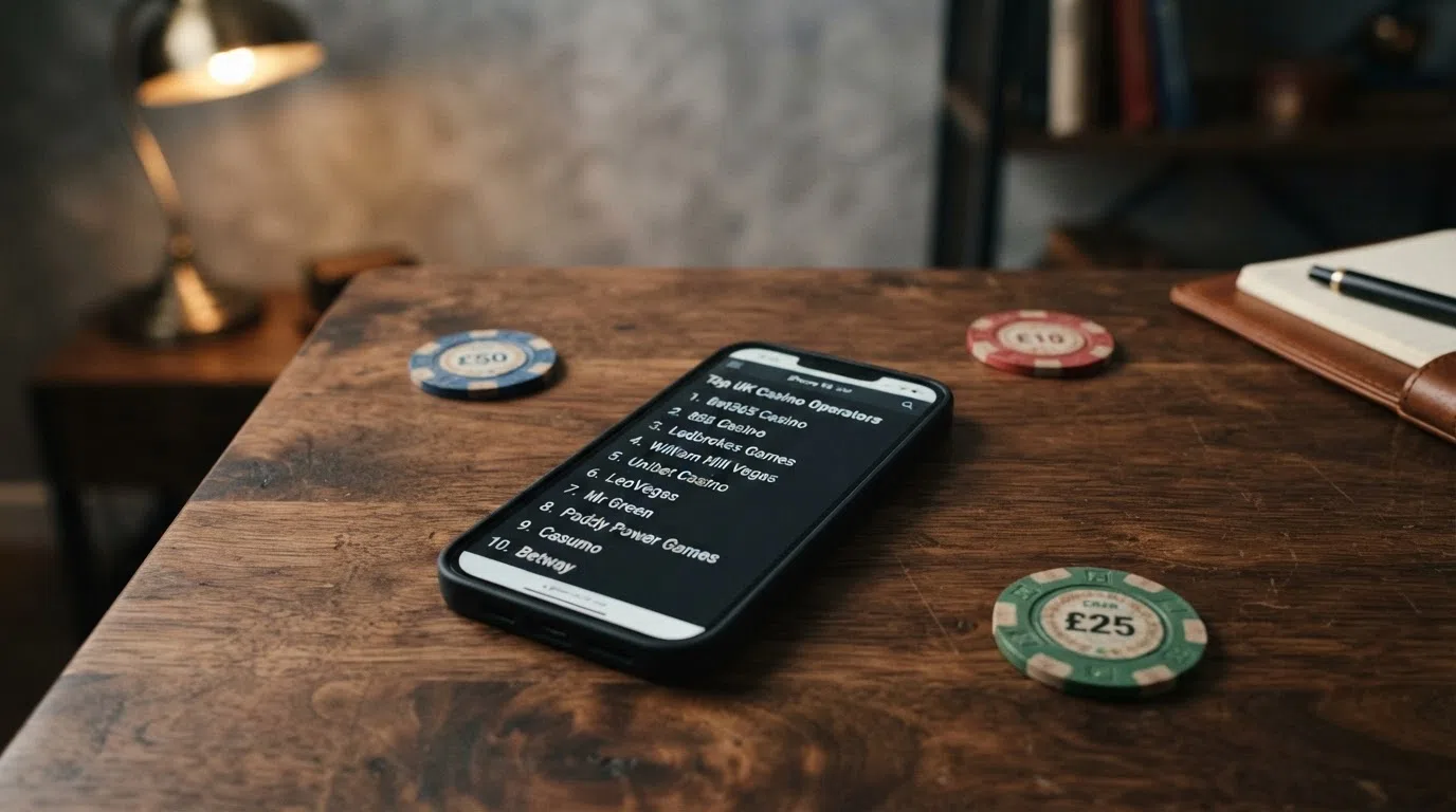 A mobile screen with a numbered list of casino logos ranked in a comparison table