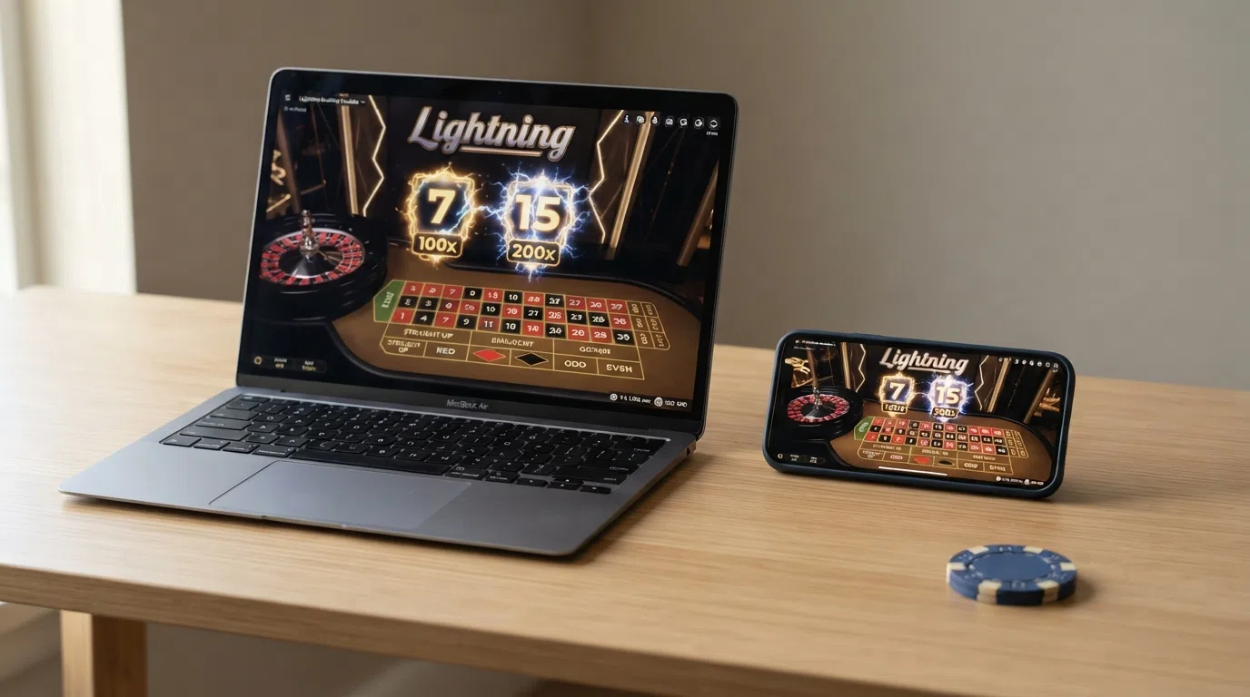 A smartphone and a laptop side by side, each showing a live roulette table above a list of UK casino names