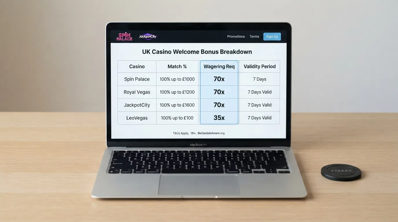 A side-by-side display of casino welcome bonus offers with wagering requirements highlighted