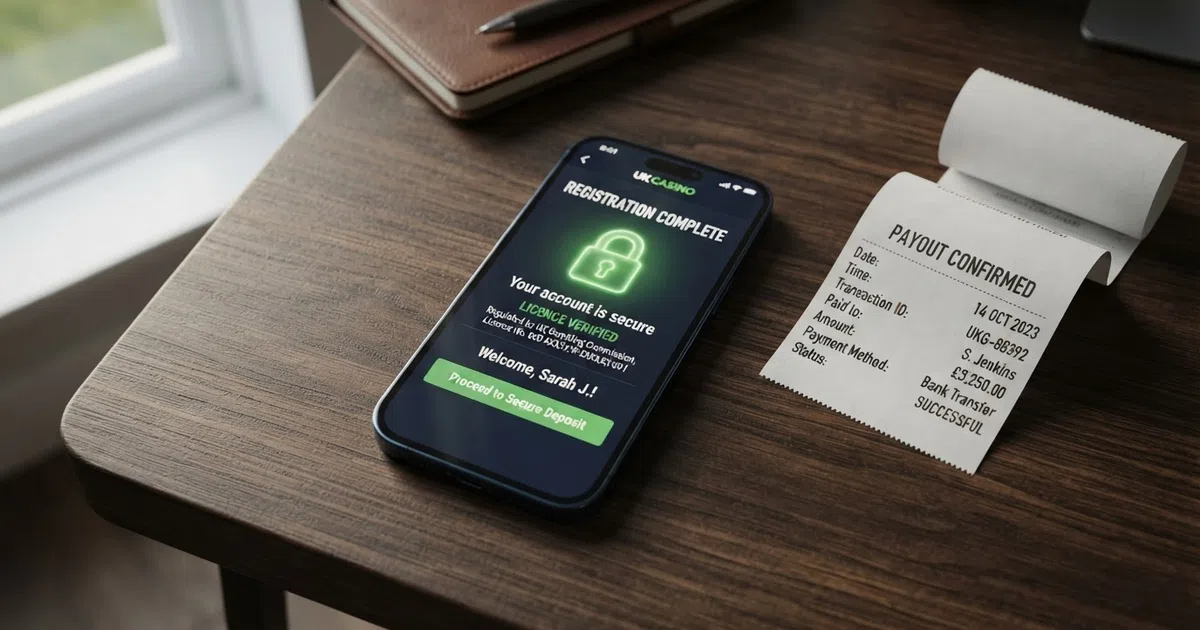 A smartphone screen showing a UK casino sign-up step with a padlock icon and a licence check confirmation beside a payout receipt