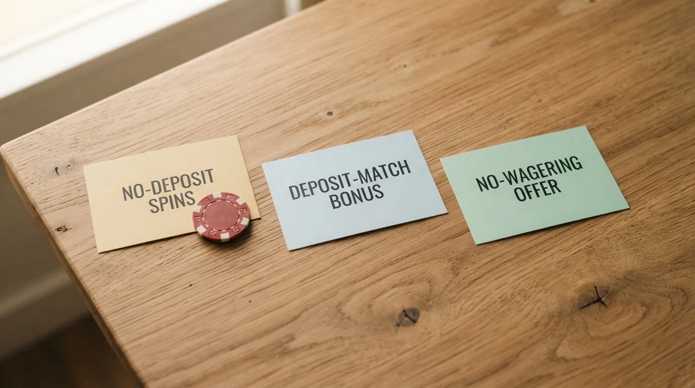 Three stylised offer cards side by side — one labelled “No-Deposit Spins”, one labelled “Deposit Match”, one labelled “No Wagering” — each showing its key term in large type (e.g. “10 FS”, “£40”, “0×”)