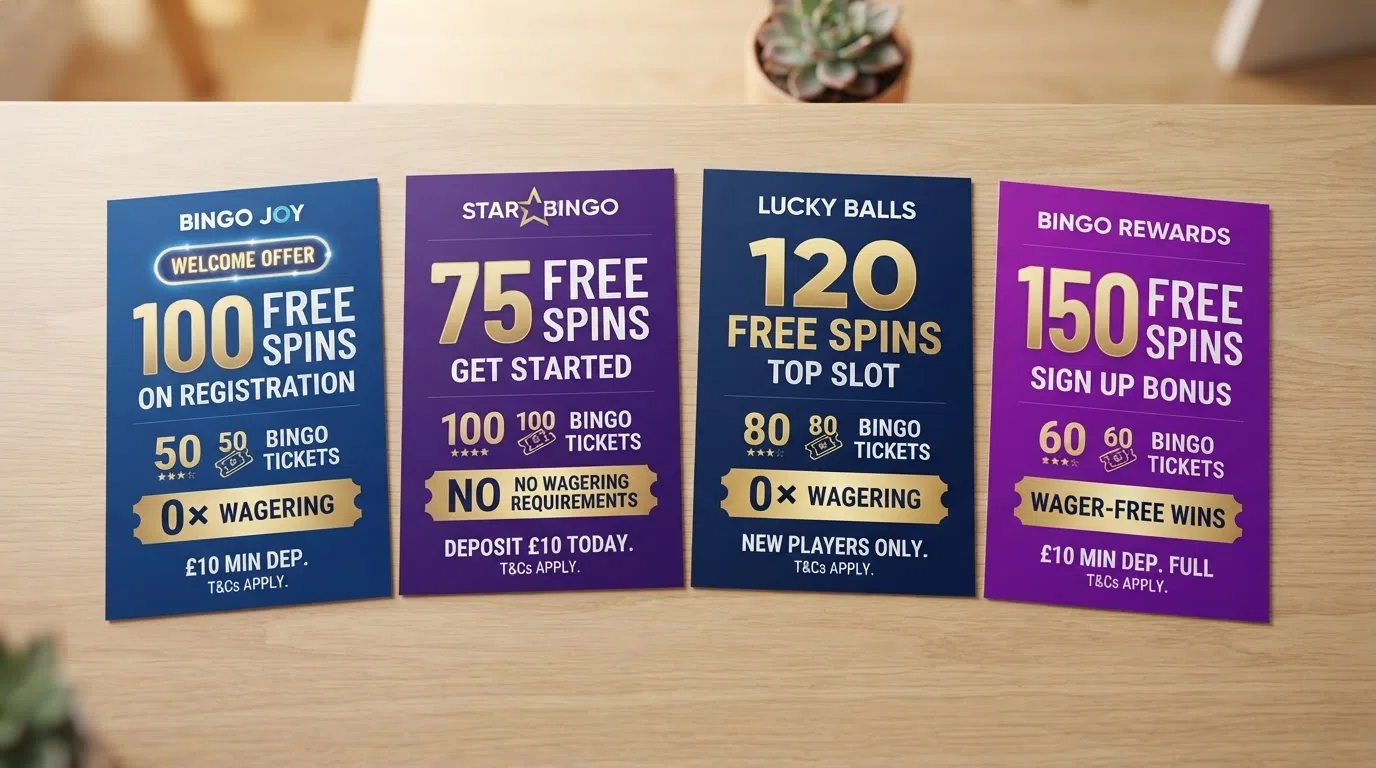 A set of welcome-offer cards from UK bingo operators showing free-spin counts, bingo-ticket bundles and wager-free badges side by side