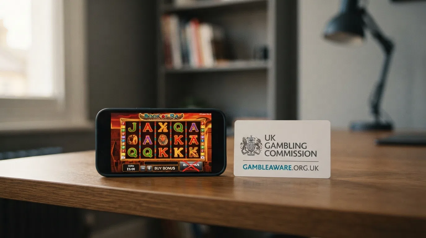 A UK Gambling Commission logo beside a screenshot of an online slot game with a crossed-out bonus buy button and a visible stake display showing £5.00 on screen