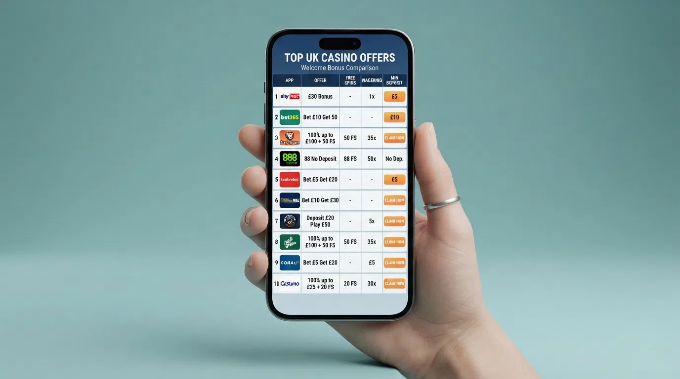 A side-by-side grid of casino app icons and key offer terms displayed on a mobile screen