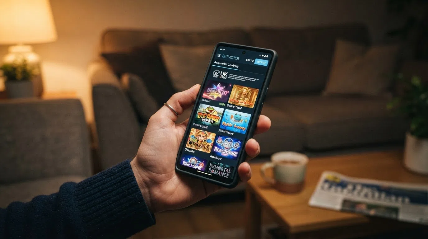 A smartphone held in landscape orientation displaying a UK casino app lobby with game thumbnails, a deposit button and a visible responsible-gambling menu item