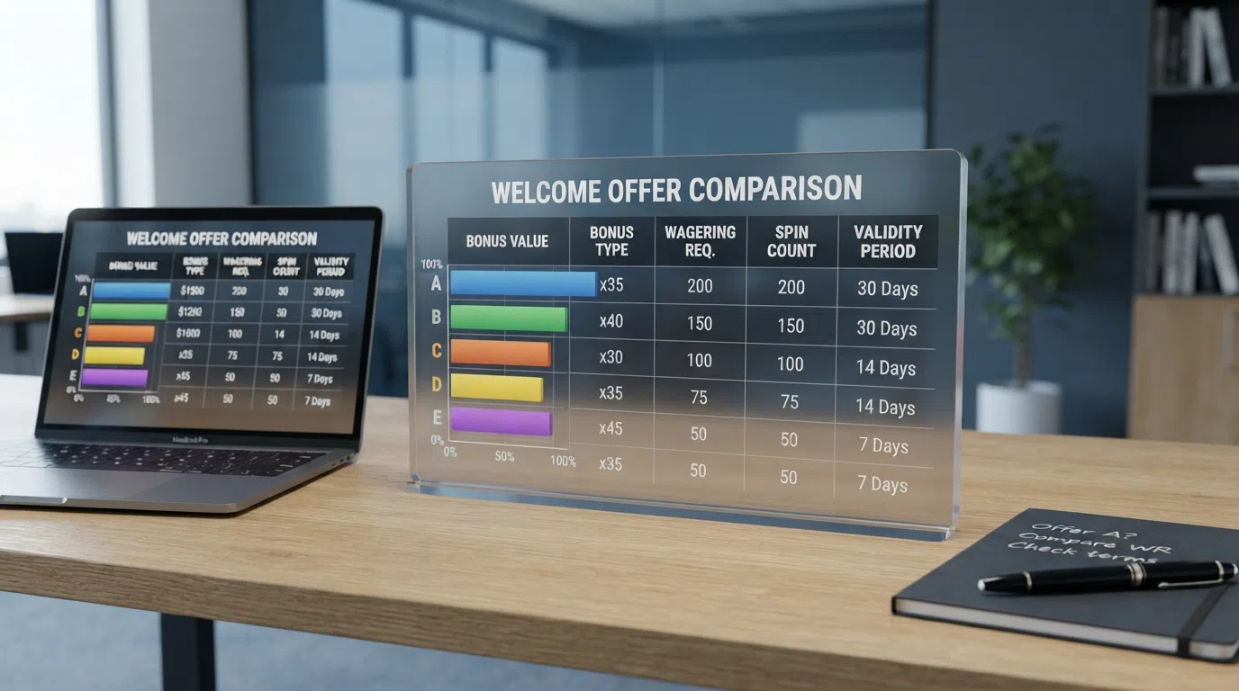 A side-by-side comparison chart showing UK casino welcome offers ranked by bonus value, with columns for operator name, wagering requirement, free-spin count and bonus validity period