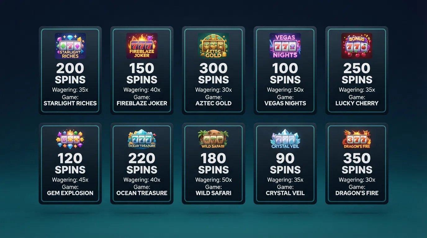 A side-by-side grid of ten UK casino brand cards, each showing its free-spin count, wagering requirement and a mini slot thumbnail