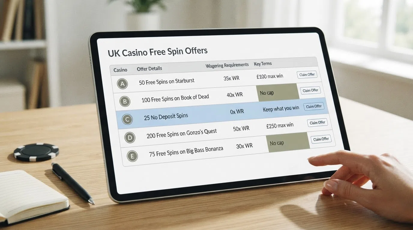 A side-by-side comparison grid of UK casino free-spin offers with zero-wagering rows highlighted and no-cap cells called out