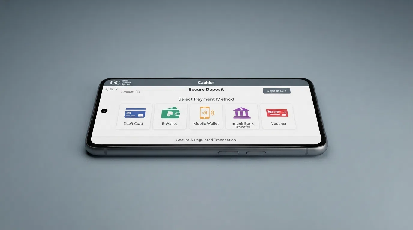 A smartphone screen showing a UK casino deposit page with multiple payment icons — Visa Debit, PayPal, Apple Pay, Trustly and Paysafecard — arranged in a grid