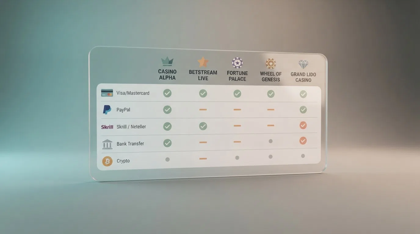 A visual comparison chart showing casino brand names aligned with payment-method icons and bonus-value indicators