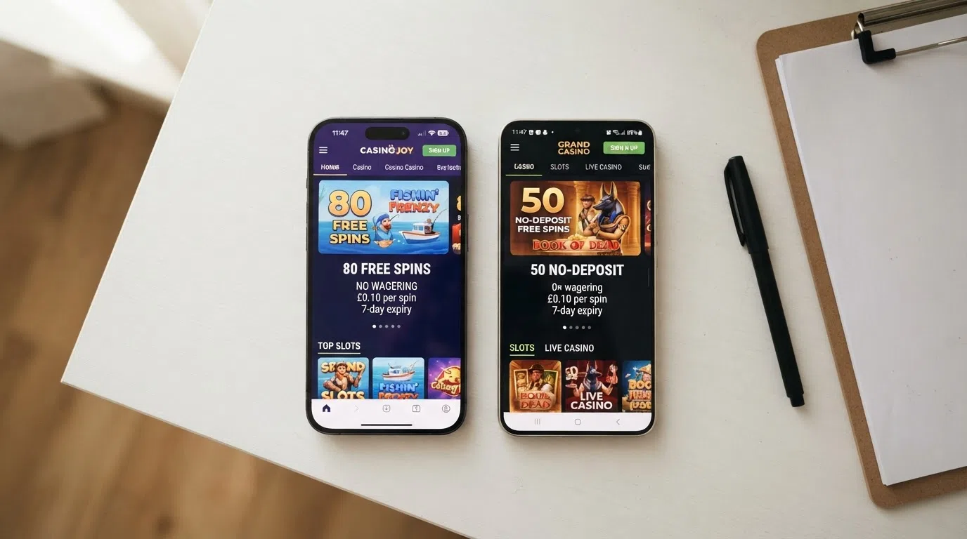 A split-screen view of two casino lobby screens showing different free-spins promotions with their terms visible below each offer