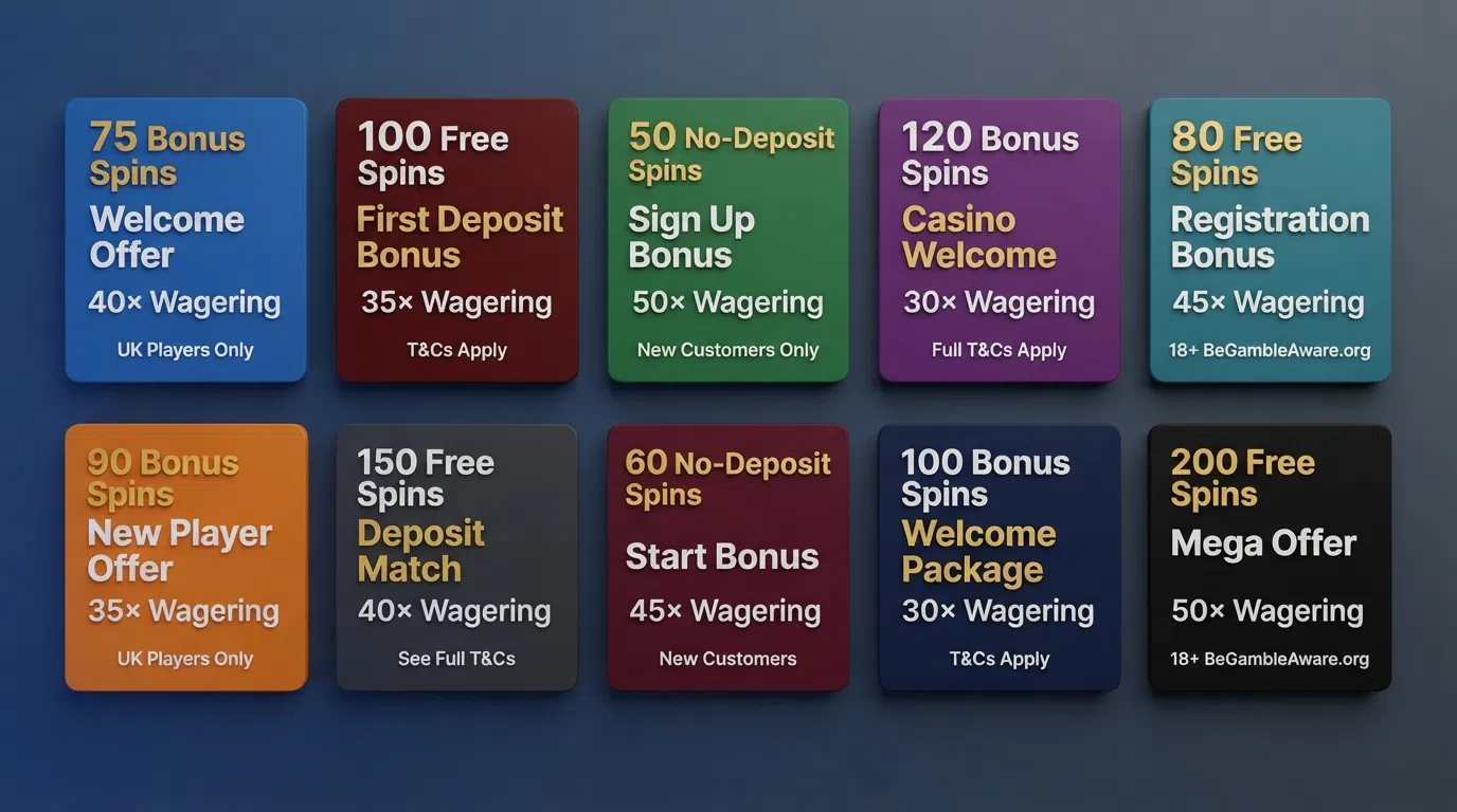 A side-by-side grid view of UK casino welcome-offer cards showing free-spin counts and wagering figures