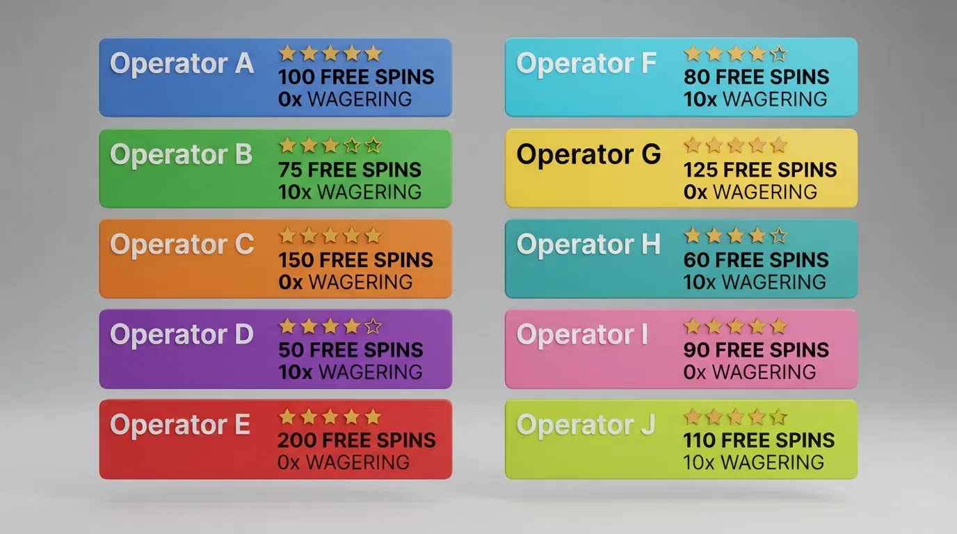 A side-by-side grid layout displaying UK casino brand cards with their free spins counts, wagering requirements and star ratings, set against a clean white comparison-table background