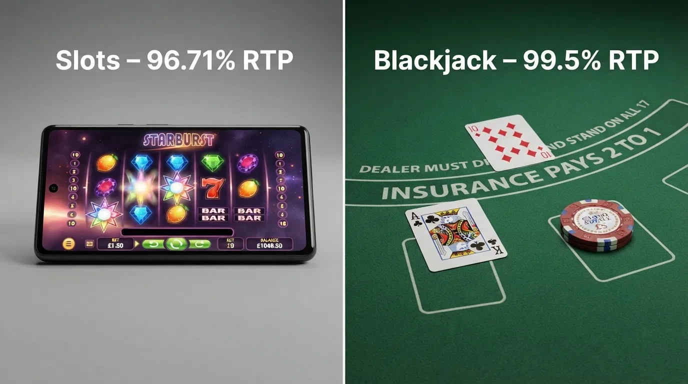 A split-screen visual: on the left, a colourful online slot game reels mid-spin; on the right, a blackjack table with cards dealt face-up, overlaid with house-edge percentage labels