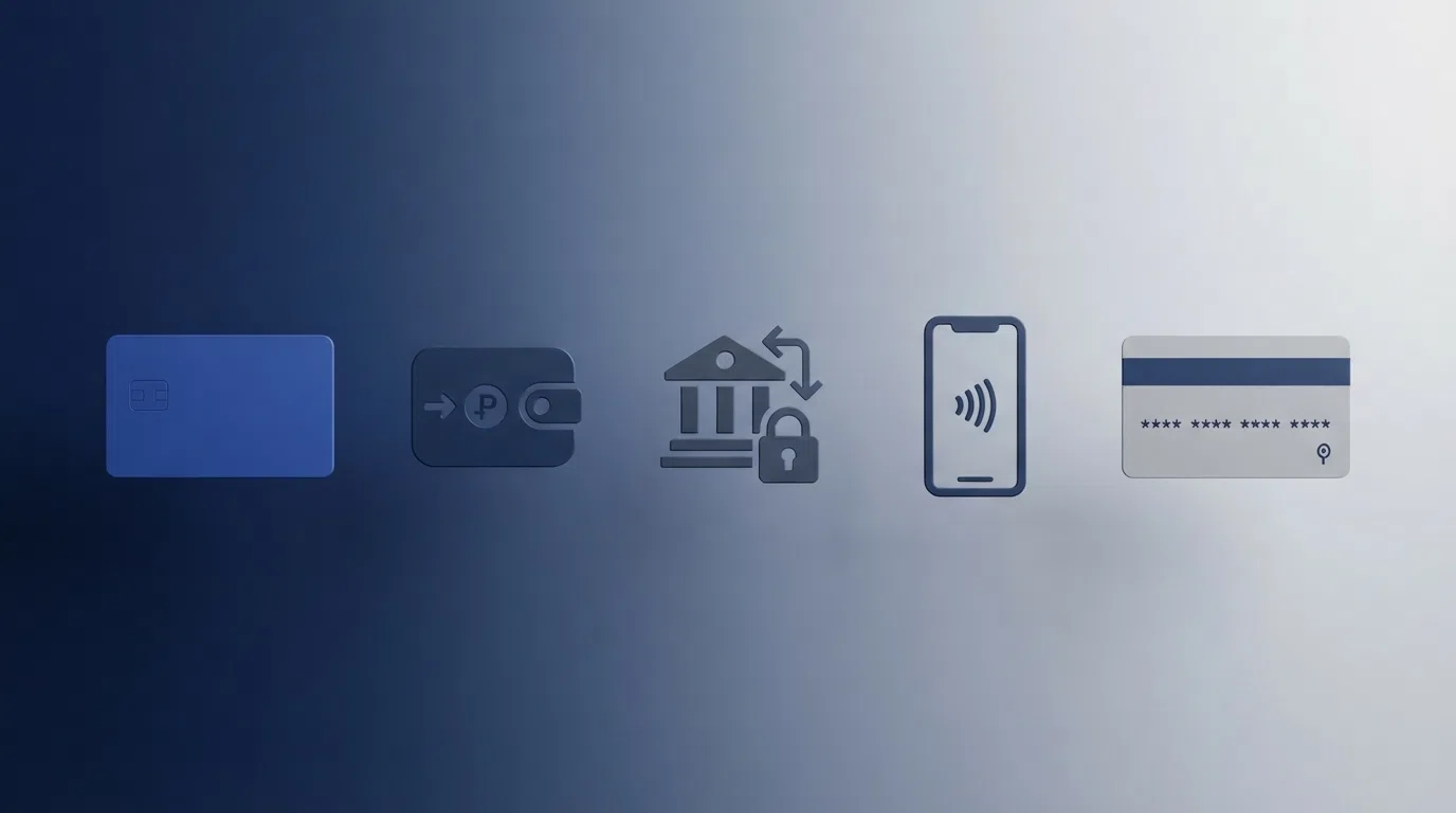 Five UK casino deposit-method logos — debit card, PayPal, Trustly, Apple Pay and Paysafecard — arranged side by side on a cashier interface