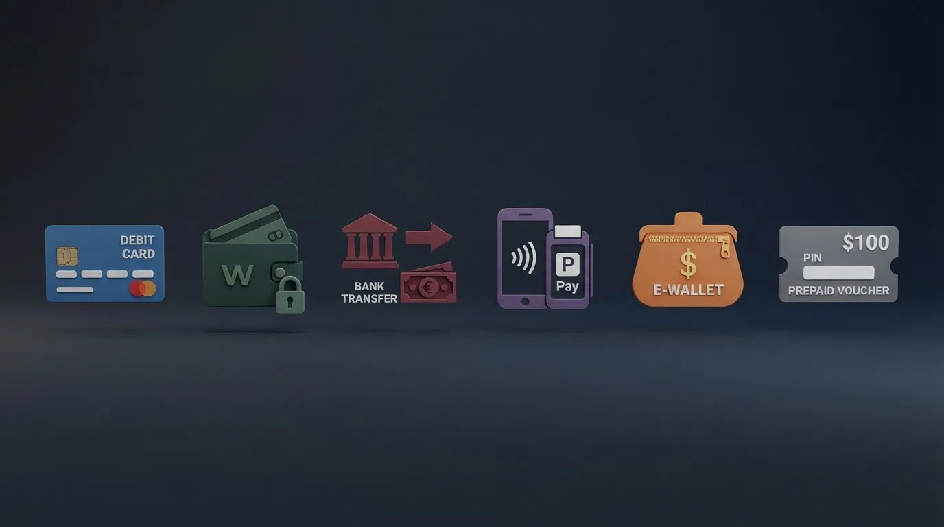 A side-by-side arrangement of UK payment-method logos — Visa Debit, Mastercard, PayPal, Apple Pay, Trustly and Paysafecard — against a dark casino-themed background