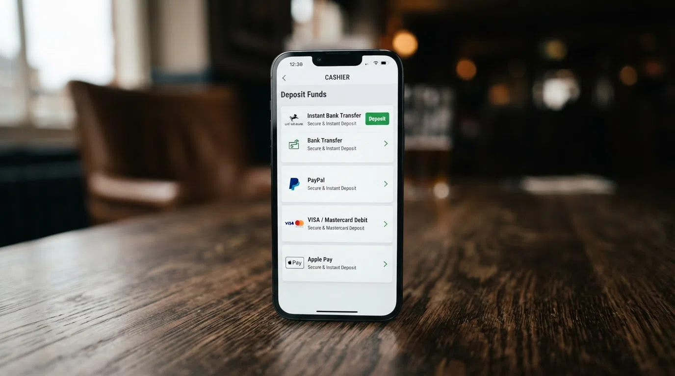 A smartphone screen showing a UK casino cashier page with Trustly, PayPal, debit card and Apple Pay listed as available deposit options, arranged in a clean vertical menu