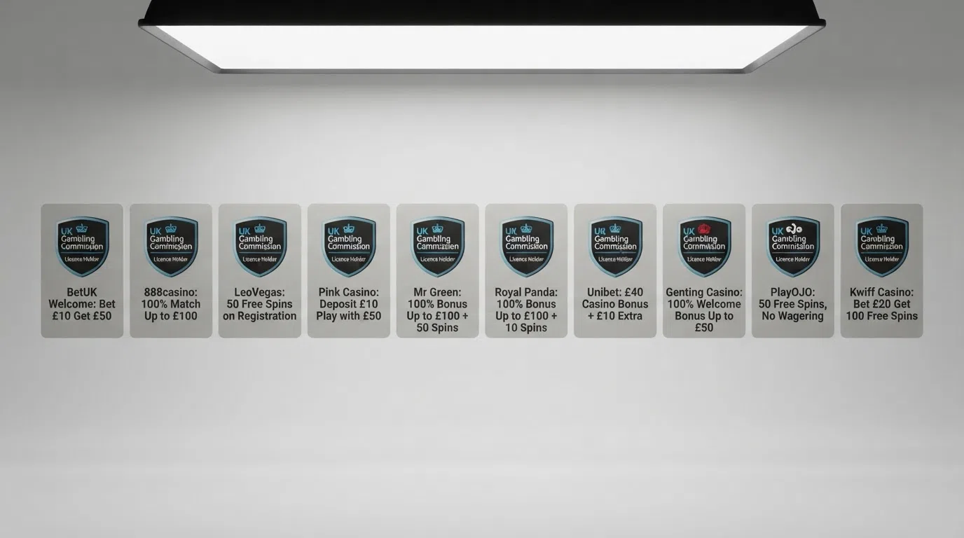 Ten casino operator cards lined up, each showing its licence badge and a short bonus summary