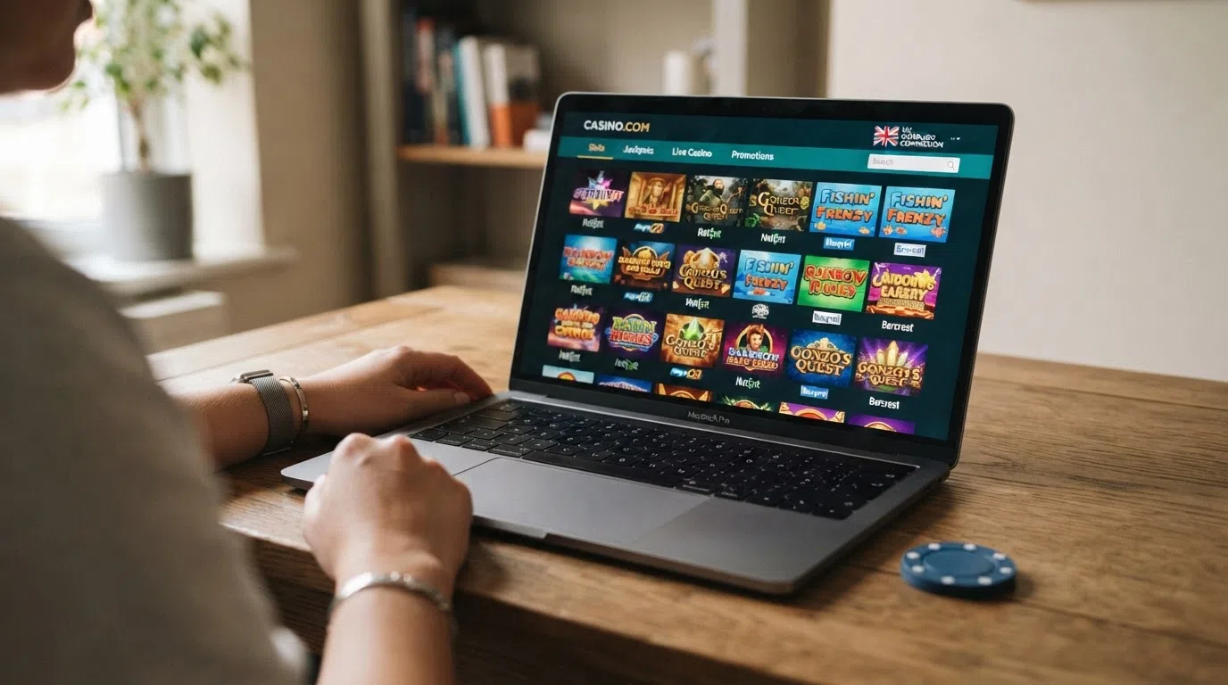 A view of a UK-licensed online casino slot lobby showing multiple slot thumbnails with provider names visible, filtered or sorted by a player