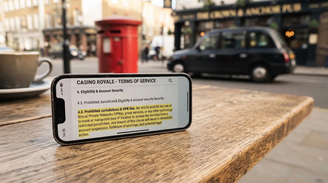A close-up of a smartphone screen displaying a casino terms-and-conditions page with a VPN prohibition clause highlighted in the text, a blurred British high street visible in the background