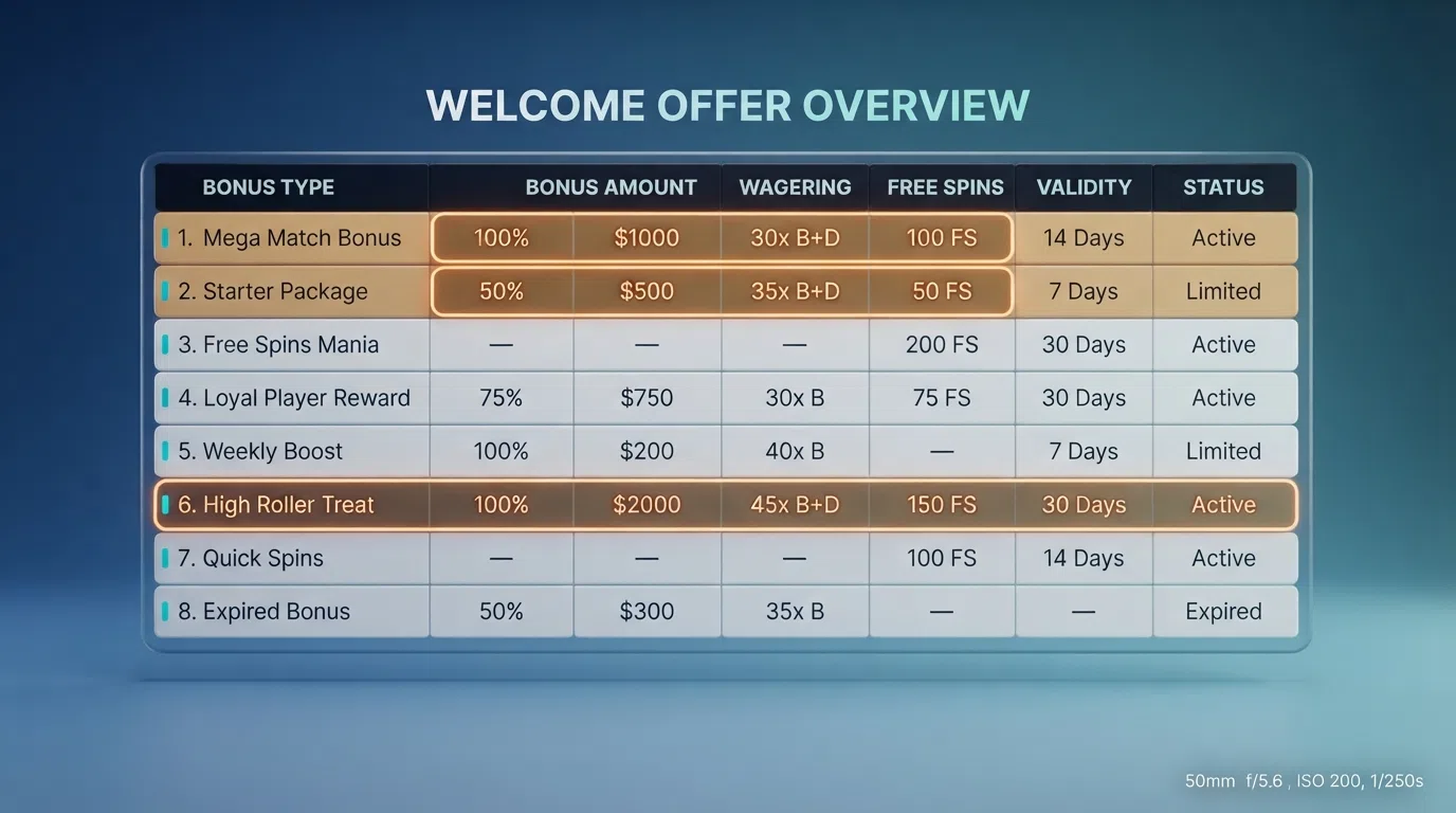 A side-by-side comparison of UK casino welcome offers showing bonus amounts, wagering requirements, free-spins counts and validity windows in a structured overview