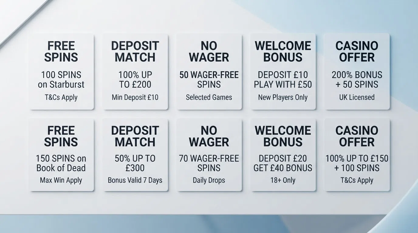 A grid of UK casino welcome-offer cards arranged side by side, each showing free-spin counts and wagering figures