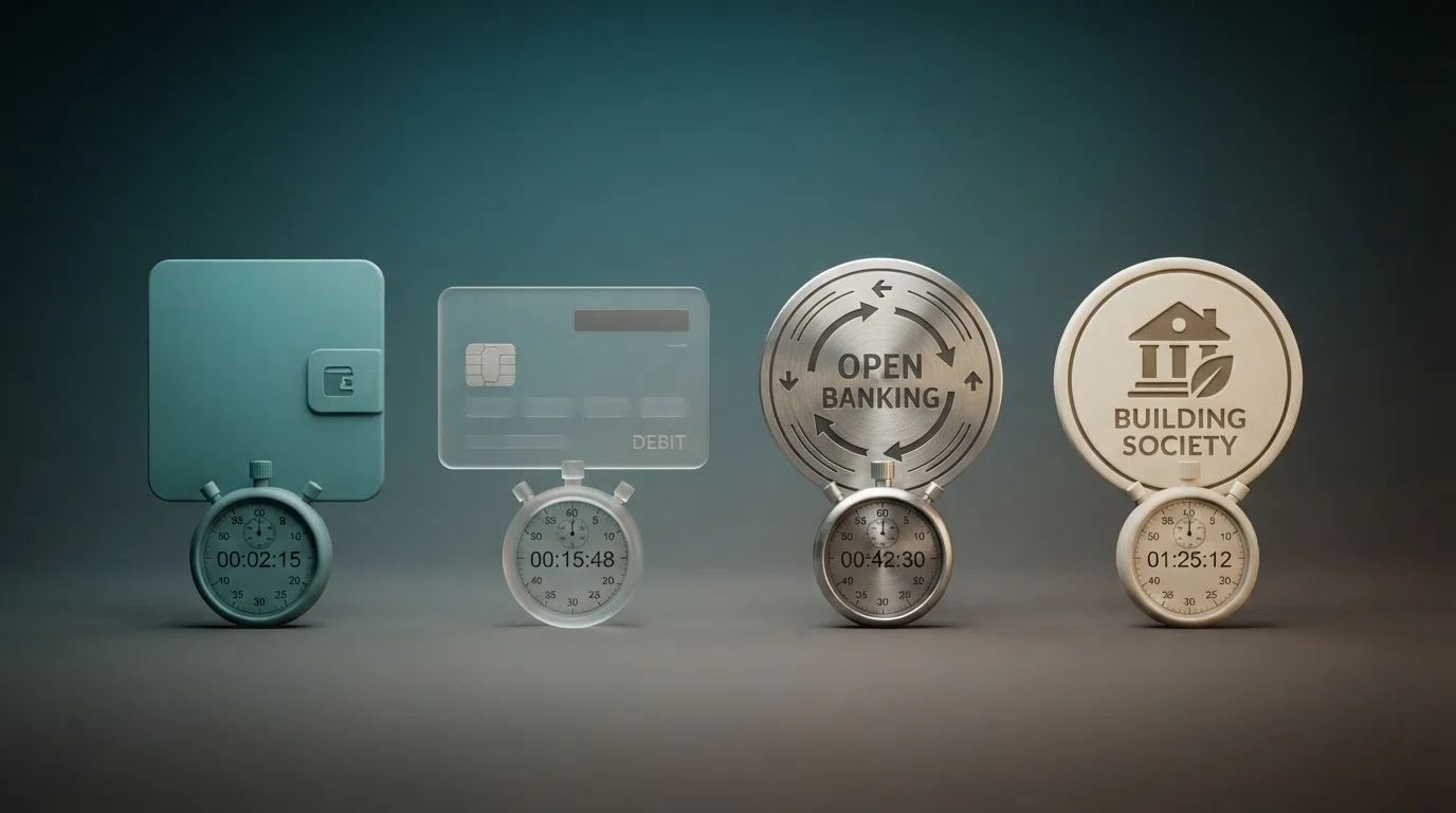 Four payment icons — PayPal, Visa, Trustly and a bank building-society logo — arranged left to right with a stopwatch graphic beneath each one, the e-wallet stopwatch showing the shortest time