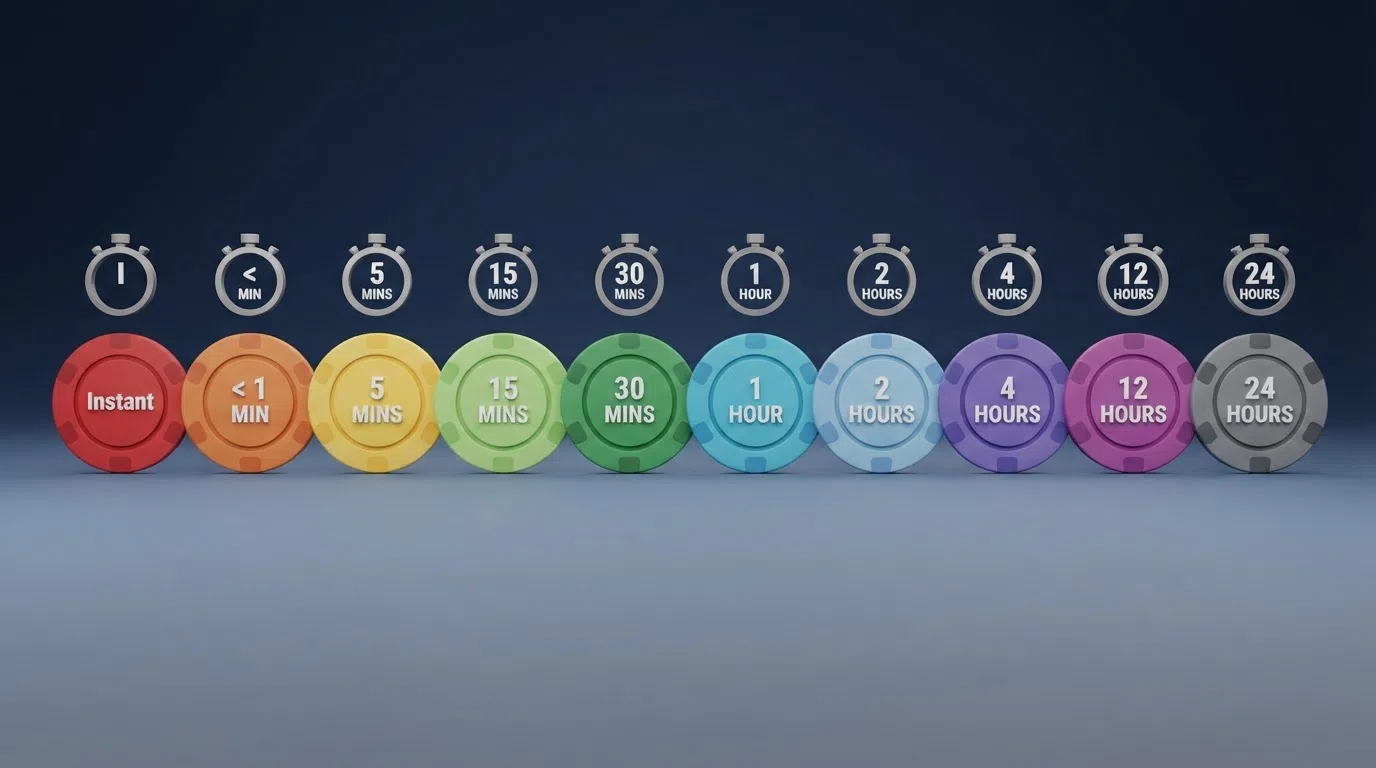 A bar chart or horizontal ranking visual comparing ten casino logos each paired with a stopwatch icon showing their fastest tested withdrawal time in minutes or hours