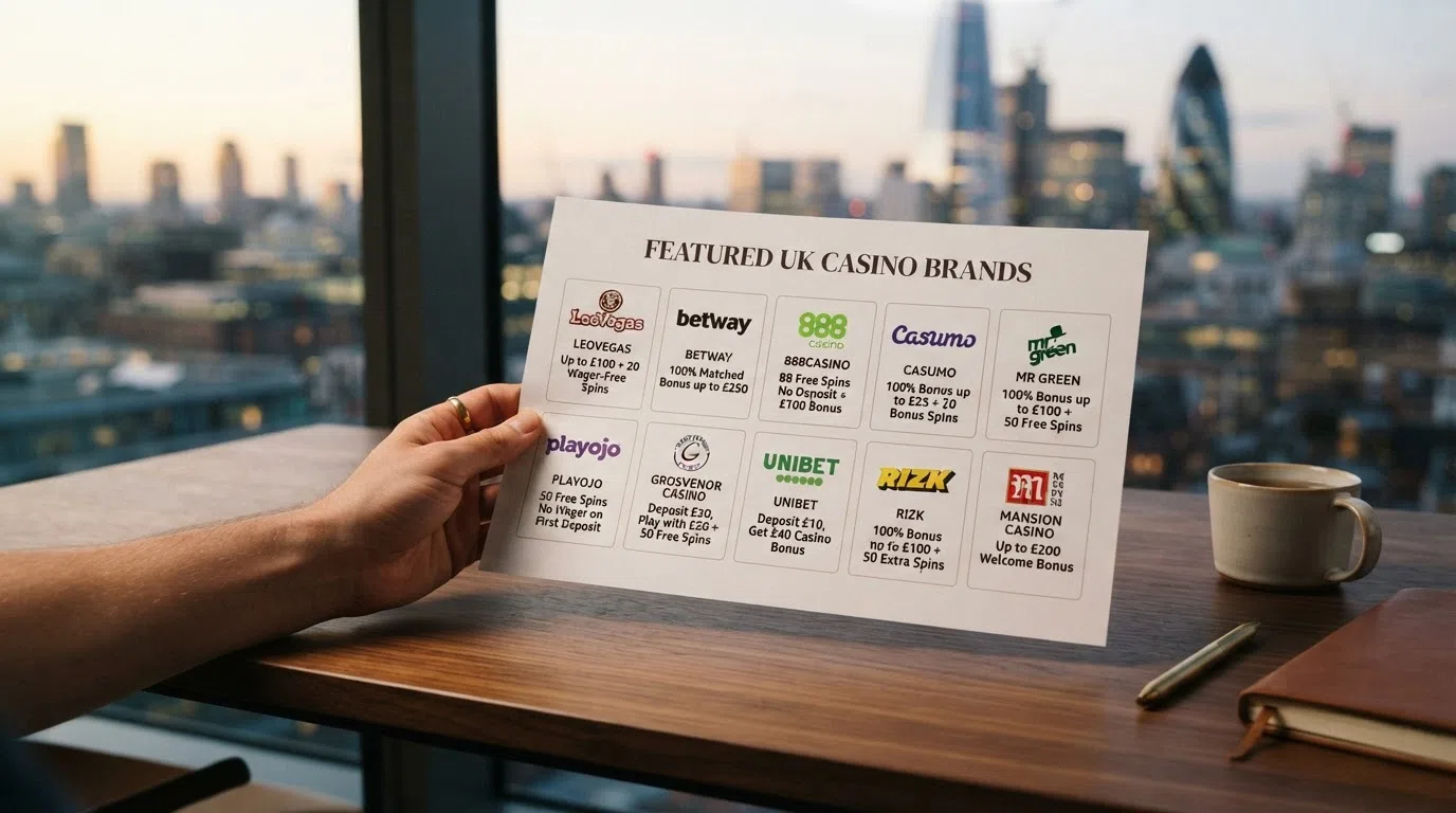 A clean side-by-side grid of the ten featured UK casino logos arranged in ranked order, each with its GB licence number and welcome-offer headline visible beneath it