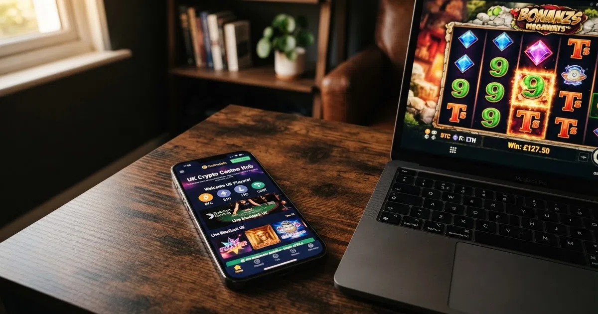 A smartphone screen showing a crypto casino game lobby with Bitcoin and Ethereum deposit options, next to a laptop displaying slot reels and a live-dealer blackjack table