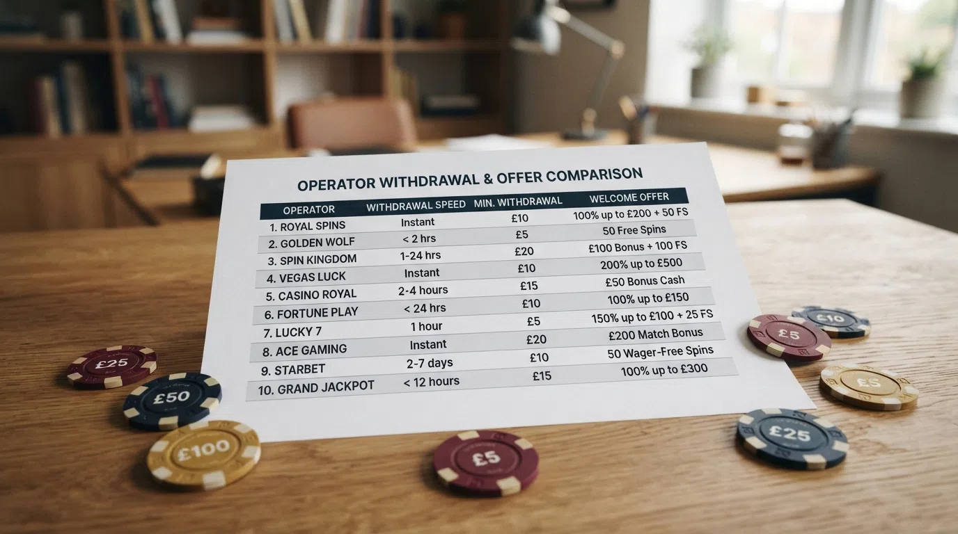 A comparison chart of ten casino names set against four columns: licence, fastest withdrawal, minimum withdrawal and welcome offer