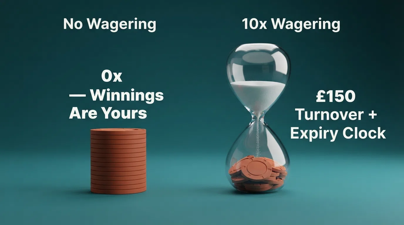 A side-by-side comparison visual: one column showing a no-wagering offer with “0x — Winnings Are Yours” highlighted, the other showing a 10x wagering offer with the turnover figure and expiry clock called out