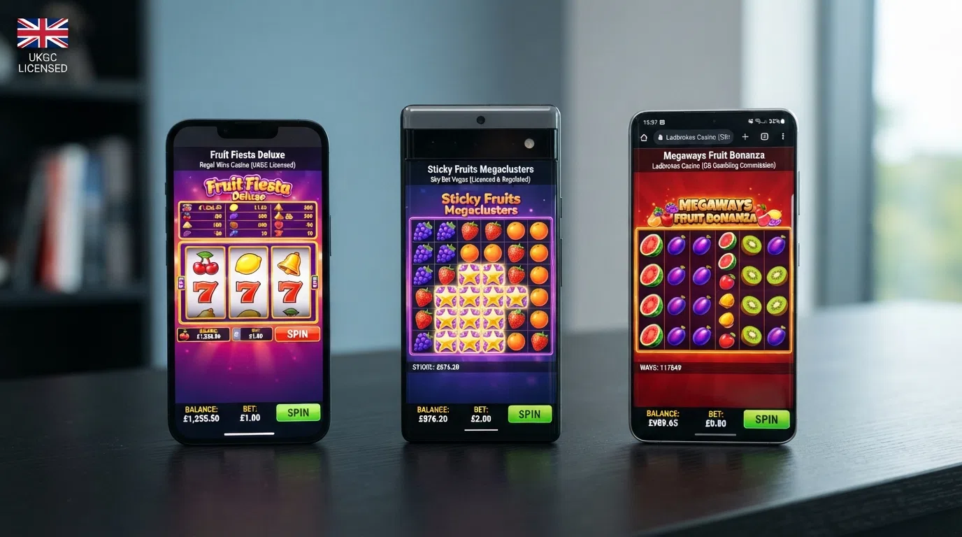 A side-by-side arrangement of UK online casino interfaces each displaying a different fruit-themed slot game on screen