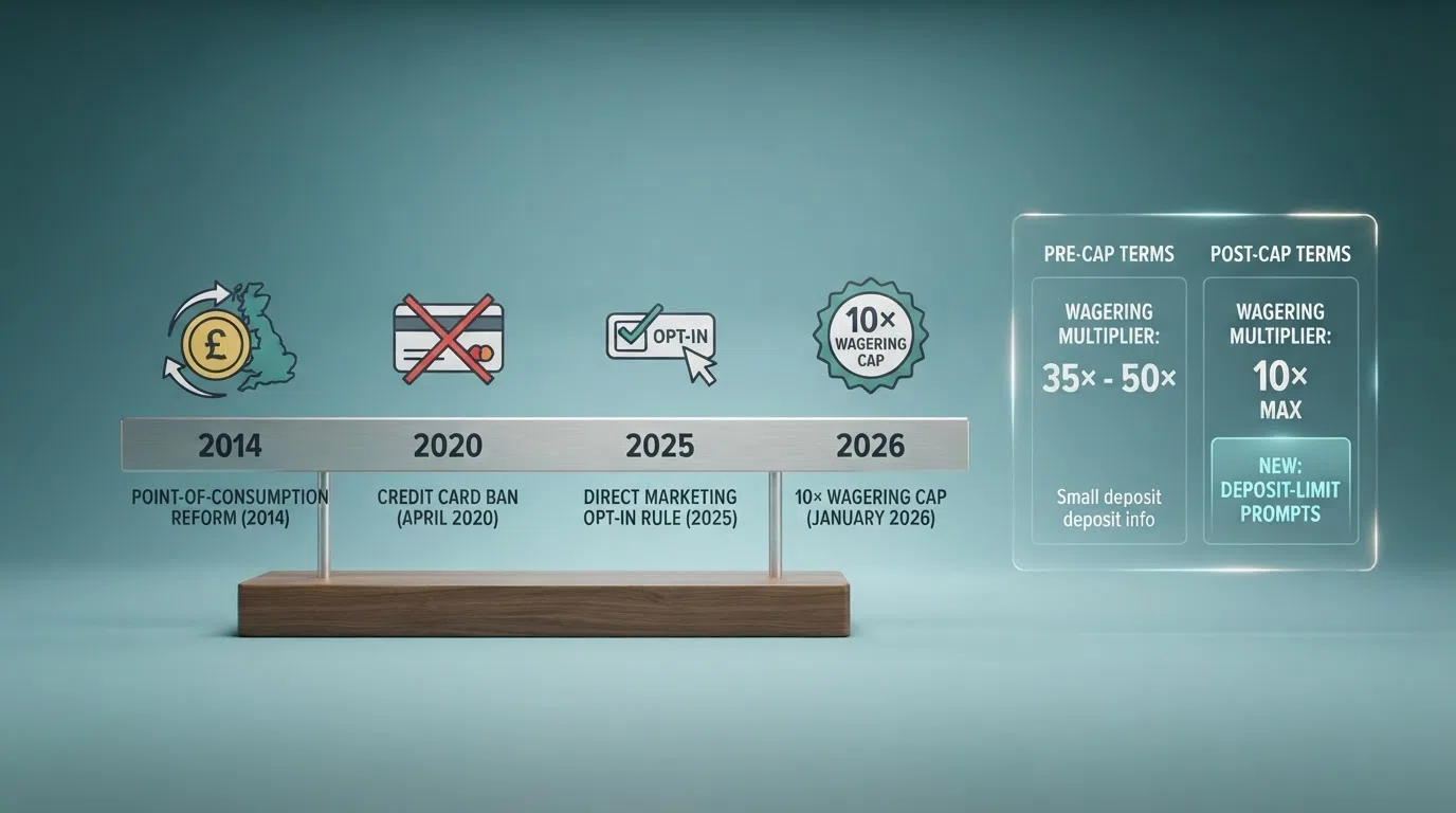 A simplified visual timeline of UK bonus regulation from the 2014 point-of-consumption reform through the January 2026 10× wagering cap, with key dates and their effect on player terms