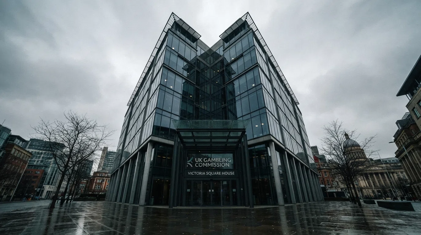 The exterior of the UK Gambling Commission headquarters in Birmingham, a modern glass-and-steel office building under a grey sky