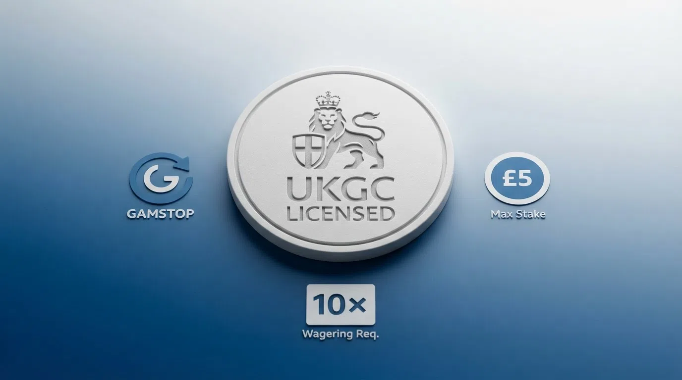 A stylised UKGC licence badge alongside the key player-protection icons — GAMSTOP logo, £5 stake cap label, 10× wagering marker