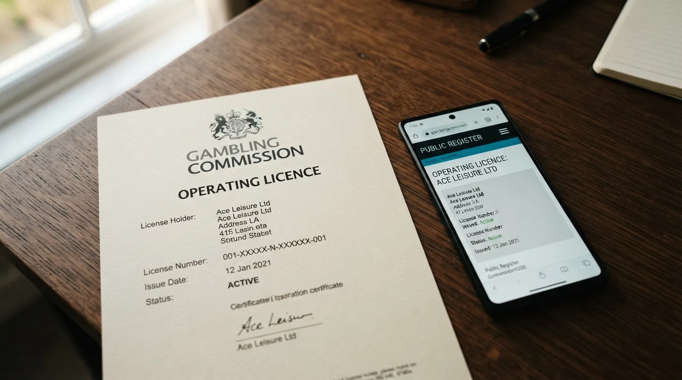A close-up of a Gambling Commission operating licence certificate with a smartphone displaying the UKGC public register in the background.
