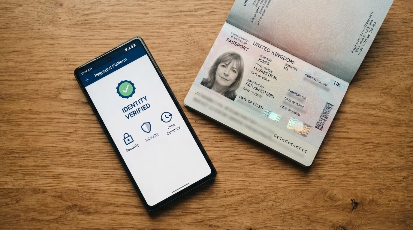 The UK Gambling Commission logo alongside a smartphone displaying a licence verification badge and key player-protection icons